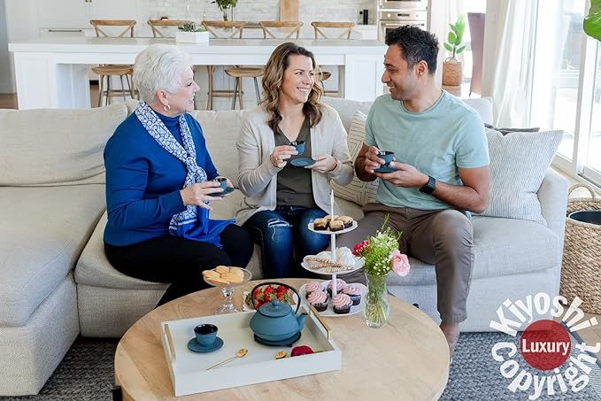 Large 11PC Japanese Tea Set "KONJOU Blue" Cast Iron Tea Pot 26Oz with 4 Tea Cups (2Oz each), 4 Saucers, Leaf Tea Infuser and Trivet. Ceremonial Matcha Accessories