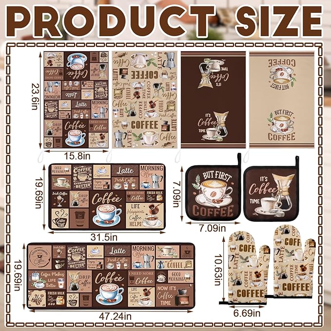 10 Pcs Coffee Kitchen Decor and Accessories Coffee Oven Mitts and Pot Holders Set Dish Towels Farmhouse Kitchen Decor Vintage Brown Gloves for Chef Baking Cooking Grilling BBQ Women Gift