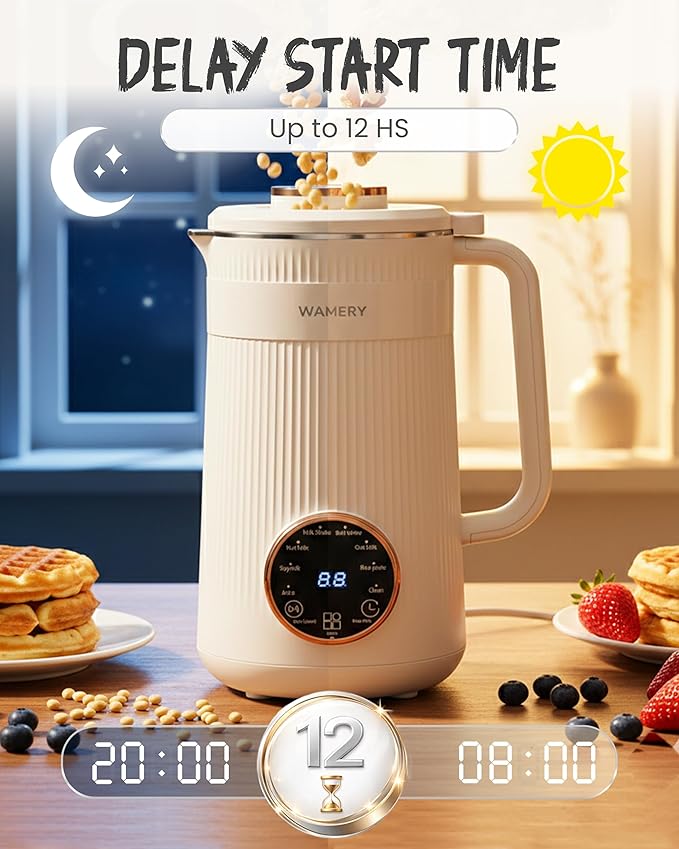 Wamery 32oz Nut Milk Maker Machine - Plant‑Based Milk Maker for Almond, Oat & Soy, Automatic Heated Programs, Self‑Cleaning, Delay Start, Keep Warm & Boil Water, 1‑Liter Capacity with Starter Kit