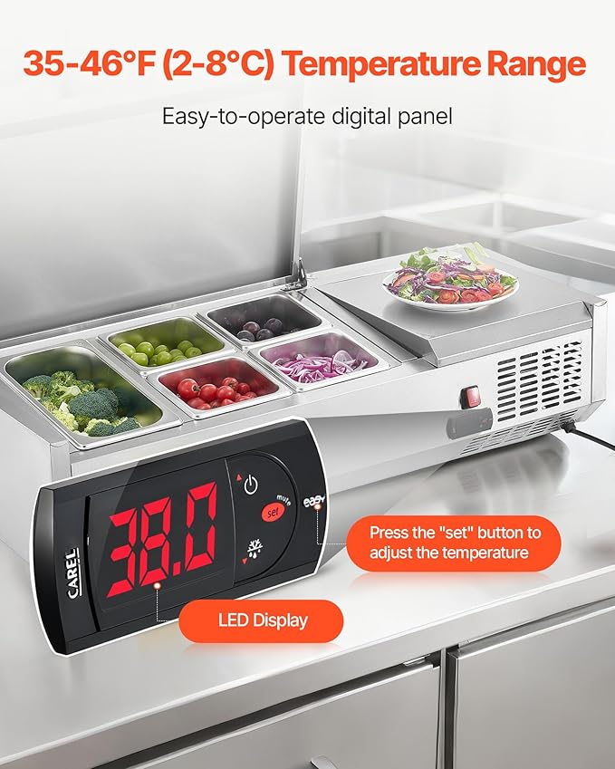 VEVOR Refrigerated Condiment Prep Station, 120 W Countertop Refrigerated Condiment Station, with One 1/3 Pan & Four 1/6 Pans, 304 Stainless Body and PC Lid, Sandwich Prep Table with Stainless Guard