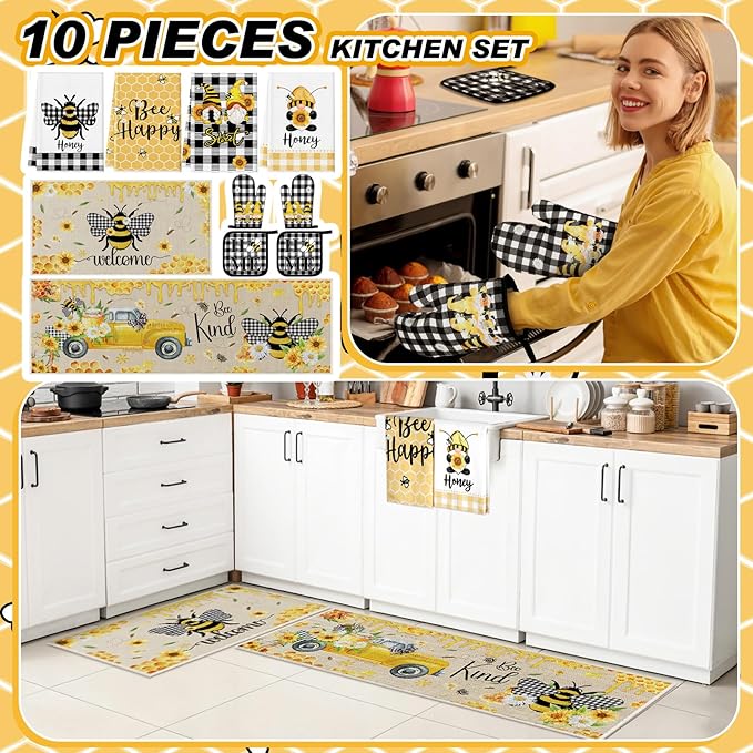 10 Pcs Bee Kitchen Decor Sunflower Oven Mitts and Pot Holders Set Bee Dish Towels Rugs Mats Buffalo Plaid Farmhouse Kitchen Accessories for Chef Baking Cooking Grilling BBQ Women Home Gift