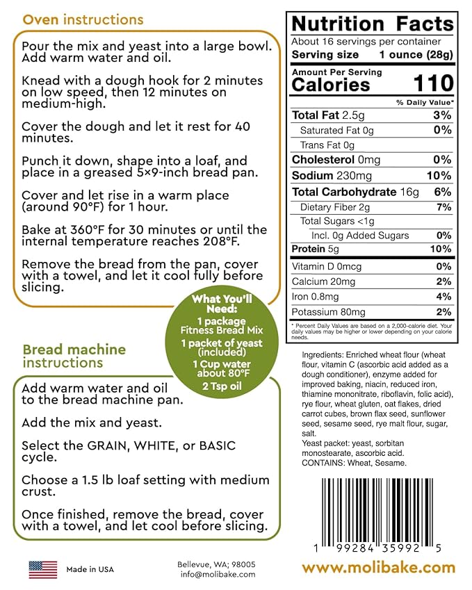 Molibake Fitness Bread Mix – Pack of 2 – All-Natural High-Fiber Bread Mix for Bread Machine and Oven – 15 oz – Whole Grain Breads Mix with Carrots, Oats, Flax, Sunflower & Sesame Seeds – Easy-to-Use Bread Maker Mix for Homemade Baking