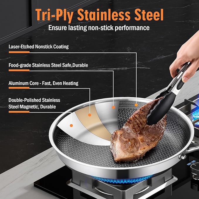 AOSION Nonstick Frying Pans Set,Hybrid Skillets Set with Lid(8+10+9+12inch), Hybrid Stainless Steel Frying Pans Set of 3 for Cooking,PFAS/PFOA Free Cookware Sets,Induction Compatible.