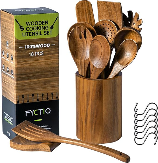 12 PCS Acacia Wooden Spoons for Cooking - Heat-Resistant, Comfort Grip,Easy to Clean, Non-stick Friendly - Kitchen Utensil Set with Holder, Spoon Rest & 6 Hooks, Ideal for Gifting