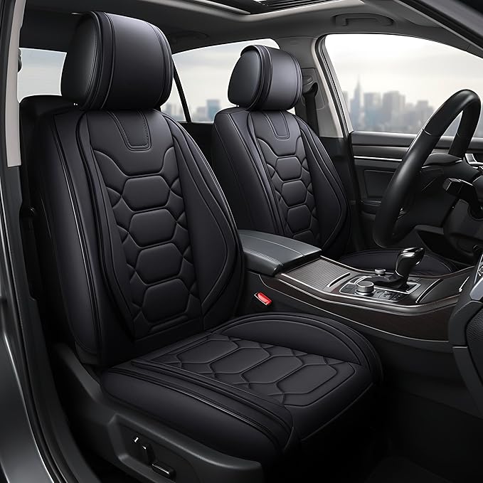 OASIS AUTO Car Seat Covers Full Set, Sporty Faux Leather with Honeycomb Pattern, Waterproof Universal Fit for SUV, Sedan, Pick-up Truck, Automotive Interior Accessories (OS-004 Black)