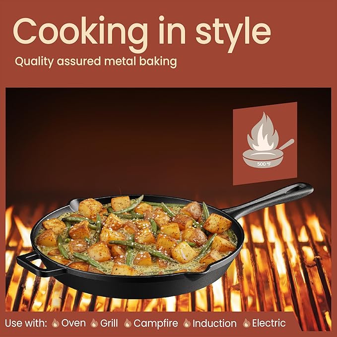 Bakken Cast Iron Skillet Set, 10" & 12" Pre-Seasoned Frying Pans with Even Heat Retention, Versatile for Stove, Oven, Grill & Campfire, Easy-Grip Handles, Hand Wash Only, 4.41 lbs & 6.61 lbs