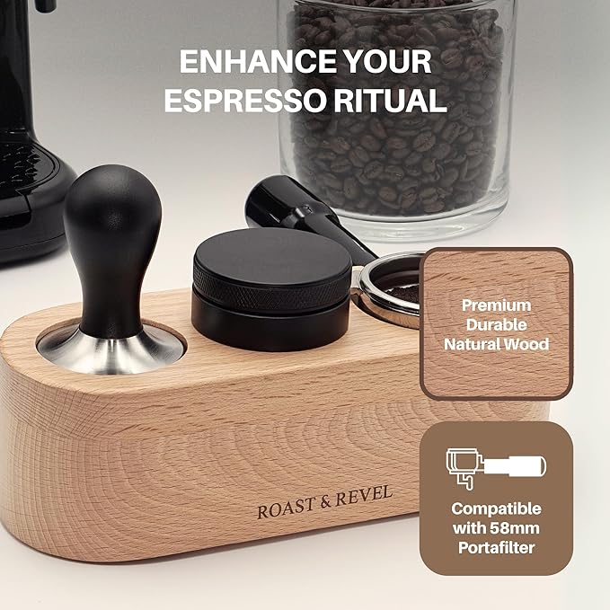 Espresso Tamping Station, ROAST & REVEL, 58MM Portafilter Espresso Accessories, Beech Wood Organizer, Espresso Station, Coffee Tamper Station for Countertop