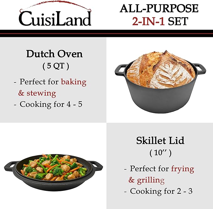Cuisiland 5QT Cast Iron Combo Cooker – Pre-Seasoned Dutch Oven with 10’’ Skillet Lid – 2-in-1 Multipurpose Cookware for Baking, Searing, Roasting & Frying – Oven & Campfire Safe