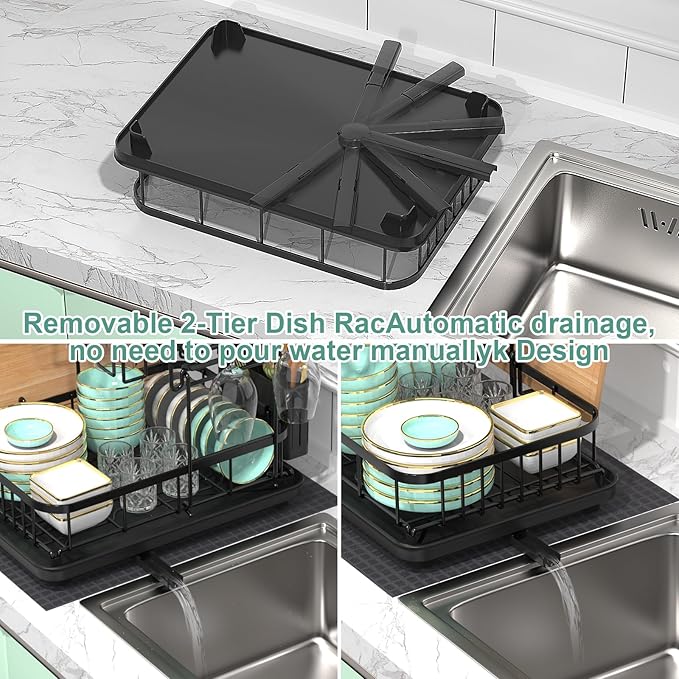2 Tier Dish Drying Rack with Drainboard, Large Dish Organizer and Strainer Set for Kitchen Counter with Mat, Wine Glass Holder and Utensil Holder