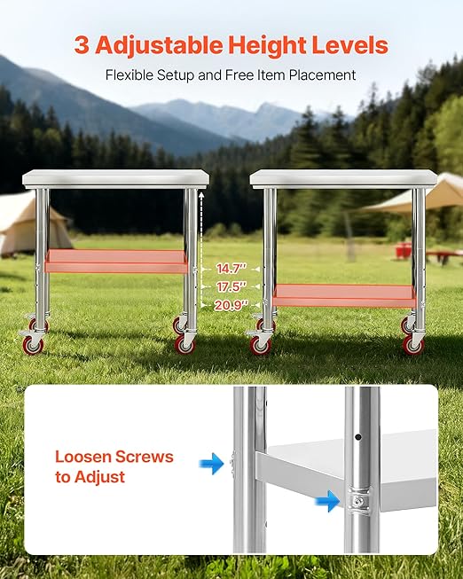 VEVOR Stainless Steel Table, 24 x 35.4 Inches Food Prep Worktable with Wheels, Kitchen Prep Table with Adjustable Undershelf Workstations for Commercial Kitchen, Restaurant, Hotel and Garage, Outdoor