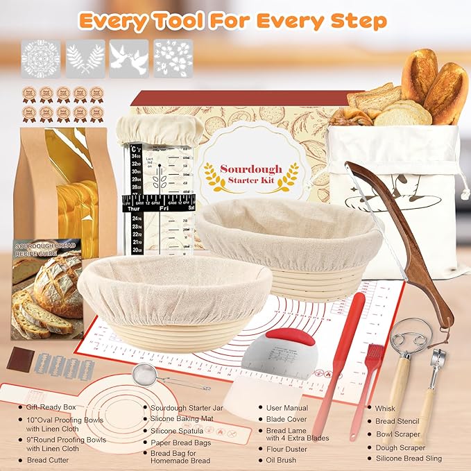 Sourdough Starter Kit, 9" Round & 10" Oval Banneton Bread Proofing Basket, Sourdough Bread Baking Supplies with Sourdough Starter Jar & Bread Slicer, Sour Dough Kit Gifts for People Who Love Baking