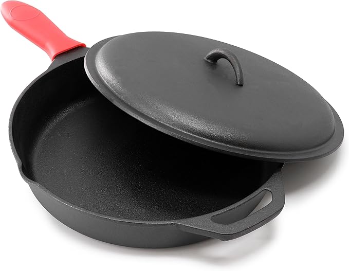 Megachef 12 Inch Pre-Seasoned Cast Iron Skillet with Cast Iron Lid