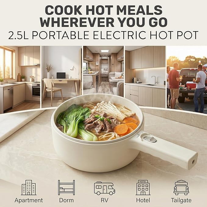 PRO 2.5L Electric Hot Pot with Lid & Steamer, All in 1 Non Toxic Ceramic Cooker Skillet Hotpot and Deep Fryer Pot for Ramen, for Dorms, Camping, RVs, Adjustable Temp. - New Improved 2026 Model