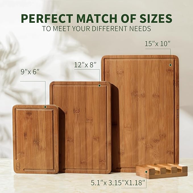 BAMBANG Bamboo Cutting Board, Dark Carbonized Chopping Boards Set of 3 with Stand, Butcher Block with Deep Juice Groove, Non-Toxic Wooden Cutting Boards for Kitchen Meal Prep & Serving