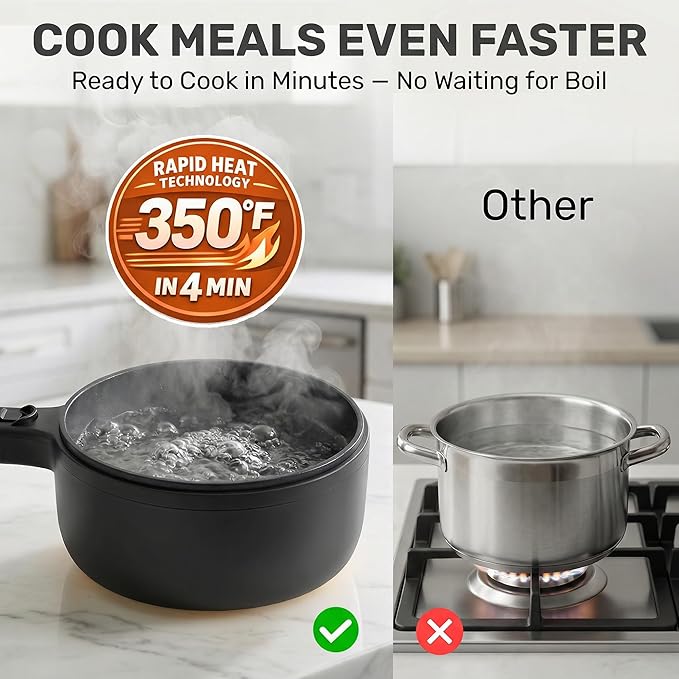 Hot Pot Electric 1.5L CERAMAX, Non-Toxic Ceramic Cooker with Steamer & Lid for Ramen, Pasta, Eggs, Soup - Portable for Dorms, Camping, RVs, Office, Adjustable Temp