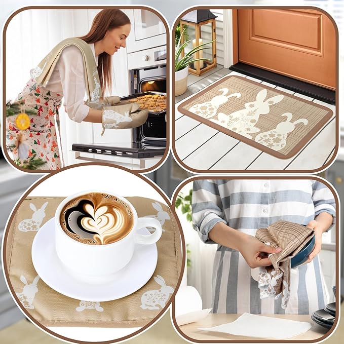 10 Pcs Easter Kitchen Decor Set Easter Kitchen Towels Oven Mitts and Pot Holder Spring Bunny Eggs Flowers Rugs and Mats Brown Rabbit Gloves Potholders for Farmhouse Rustic Baking Cooking BBQ