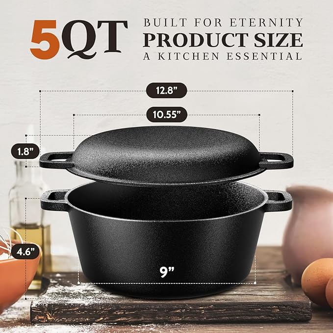 Cast Iron Dutch Oven for Bread Baking, 5QT Cast Iron Bread Pan with Lid, Sourdough Baking Supplies Tools like Banneton Proofing Basket, Bread Dutch Oven