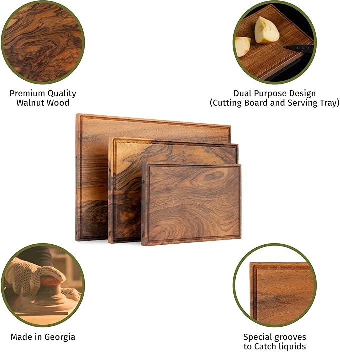 Walnut Wood Cutting Boards Set – Non Toxic, Solid Wood Cutting Board with Juice Groove - Wooden Charcuterie Boards for Serving Food - Wooden Chopping Board Set – Premium Dark Hardwood – Wedding Gifts