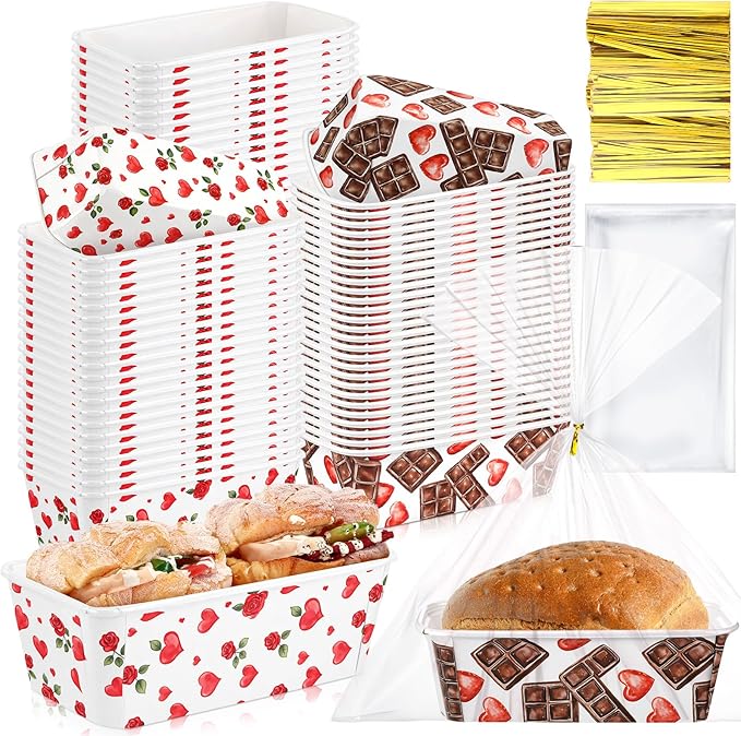 Honeydak 100 Sets Mini Loaf Baking Pans Bulk Paper Loaf Pans for Baking 6.3 x 2.2 x 2.2 in Romantic Disposable Serving Tray Heart Rose Chocolate Pattern Party Supplies (Valentine)