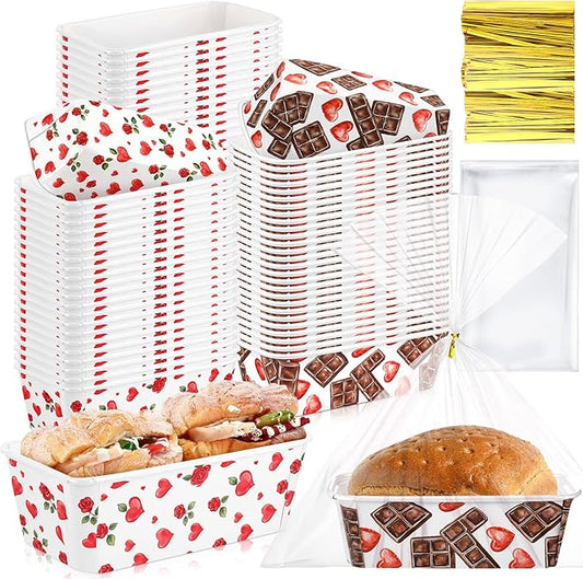 Honeydak 100 Sets Mini Loaf Baking Pans Bulk Paper Loaf Pans for Baking 6.3 x 2.2 x 2.2 in Romantic Disposable Serving Tray Heart Rose Chocolate Pattern Party Supplies (Valentine)