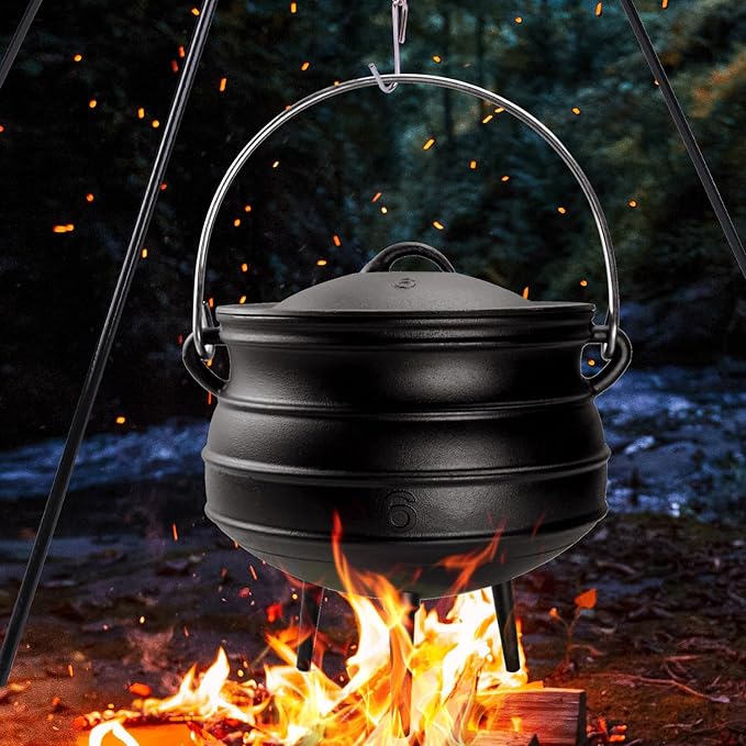 14QT Cast Iron Cauldron with Lid Heavy Duty Tripod Cookware Metal Handle Pre Seasoned South African Style Campfire Pot for Outdoor