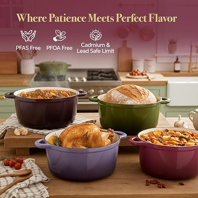 6 Quart Dutch Oven Pot with Lid, Non Stick Enameled Cast Iron Dutch Oven for Bread Baking, Heavy-Duty, Oven Safe Ceramic Cookware Up to 500°F for Baking, Braising, Stews, Roasting, Rose