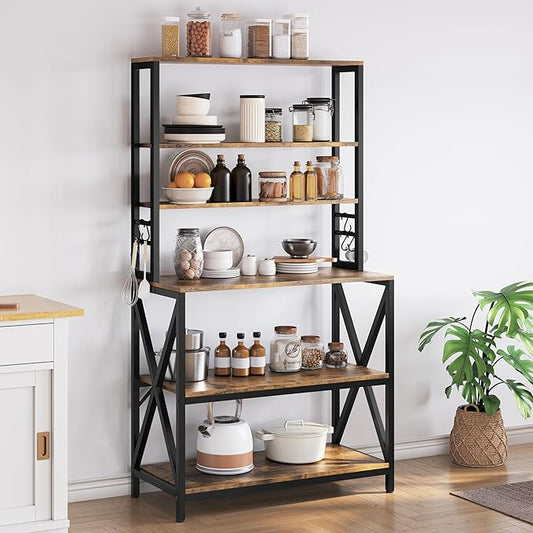 Yaheetech 6-Tier Kitchen Bakers Rack, 31.5 Inch Coffee Bar Table, Farmhouse Microwave Oven Stand Cabinet for Small Spaces, Corner Organizer Storage Shelf for Spices and Pots Rustic Brown