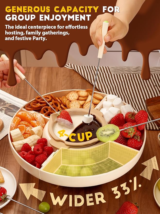 Chocolate Fondue Pot Set Electric Melting Machine, 4-Cup Capacity 4 Trays 5 Forks 1 Spatula Cheese Warmer, Ideal Gift for Couple Family & Date Night Idea House Warming Holidays Essentials
