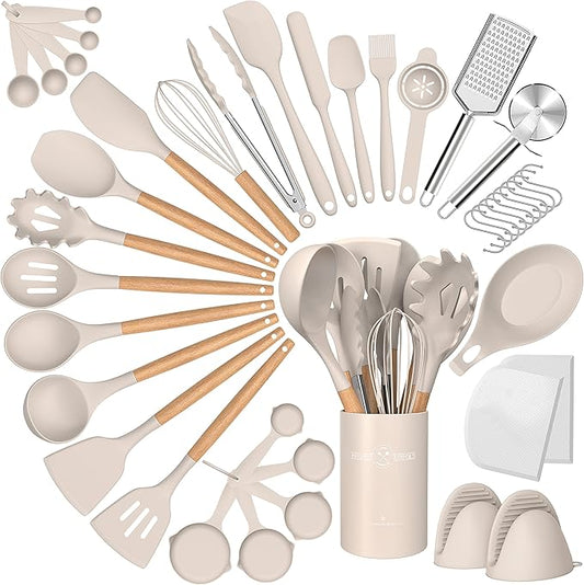 Silicone Cooking Utensils Set, 43Pcs Non-Stick Heat Resistant Kitchen Utensils Spatula Set with Wooden Handle for Baking, Cooking, and Mixing, Best Kitchen Gadgets Tools with Holder (Khaki)
