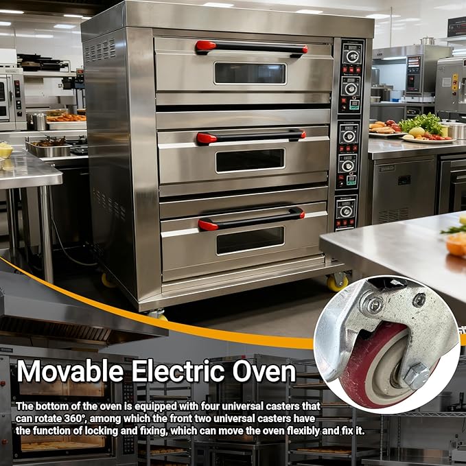 Commercial Electric Pizza Oven 3 Layers Movable Large Triple Baking Oven 19.8KW, 6 Baking Sheets, 20℃-400℃ Stainless Steel,for Restaurants, Bakeries, Pizza, Bread, Meat 220V 3PH