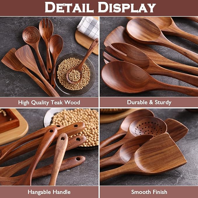 Wooden Utensil Set 6Pcs Wooden Spoons for Cooking, Natural Teak Wood, Non-Stick, Smooth Finish, Easy to Clean, Comfort Grip, Kitchen Wooden Cooking Utensils Set