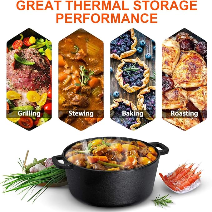Overmont 2-in-1 Cast Iron Dutch Oven - 5QT Pre-Seasoned All-in-One Casserole Braising Pan with Skillet Lid Cookbook & Silicone Handle Covers - Heavy Duty Oven-Safe Pot for Bread Baking Frying Camping