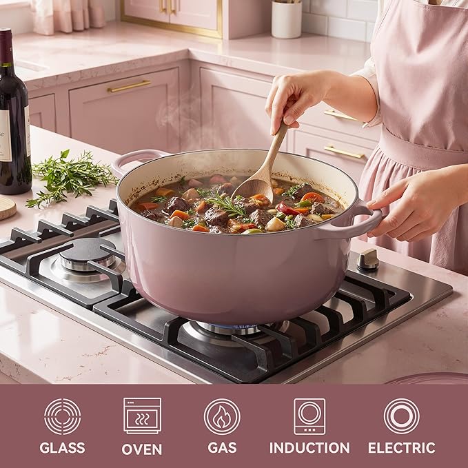 Vintage Style 6 Quart Dutch Oven Pot with Lid, Non Stick Enameled Cast Iron Dutch Oven for Bread Baking, Heavy-Duty, Oven Safe Ceramic Cookware Up to 500°F for Baking, Braising, Stews, Roasting, Pink