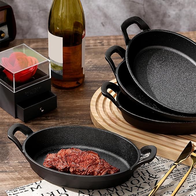 Mifoci 8 Pack Mini Cast Iron Skillet, 8.5" x 6.1" Oval Sizzling Steak Plate Pan Small Ramekin Set Black Casserole Dish for Stove Oven Grill Restaurant Kitchen Indoor Outdoor Picnic