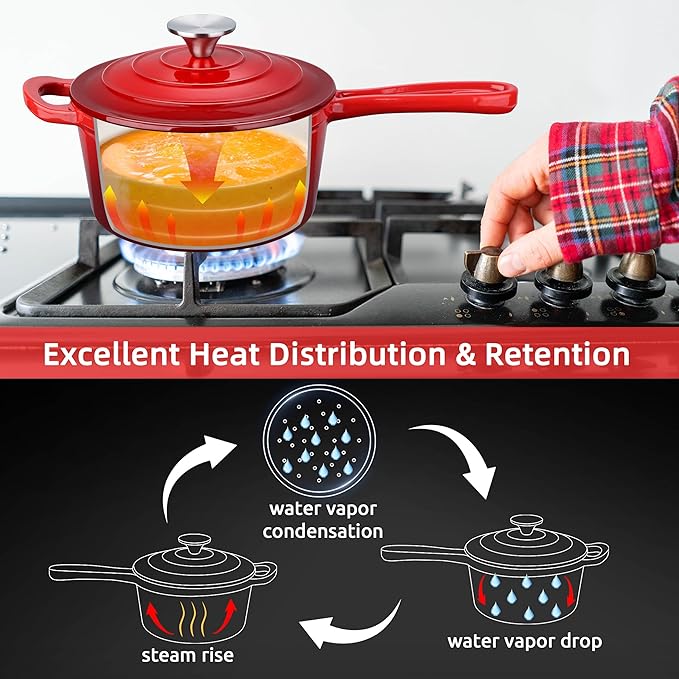 HaSteeL 3 QT Cast Iron Saucepan, Enamel dutch oven with lid, Small Non Stick Pan for Milk, Pasta Tomato Sauce, Butter, Breakfast, Soup, Suitable for Boiling Stewing Frying, Easy to Clean, Red