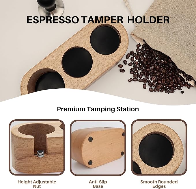 Espresso Tamping Station, ROAST & REVEL, 58MM Portafilter Espresso Accessories, Beech Wood Organizer, Espresso Station, Coffee Tamper Station for Countertop