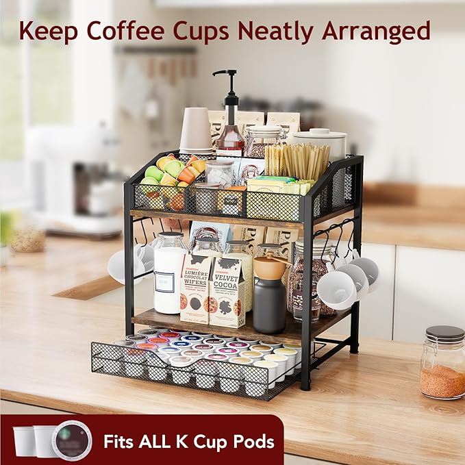 Coffee Bar Organizer - Countertop Coffee Station, 42 K Cup holder Storage Basket with Drawer and Hooks for Syrup, Cups, Stirrer, Condiment, Tea Organizer, Black and Brown