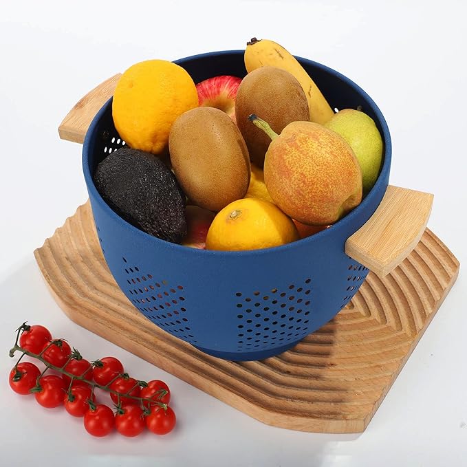Metal Colander with Wood Handle, 5.5 Quart Powder Coated Steel Large Kitchen Strainer Stable Base,(Deep Blue, 11.26inch)