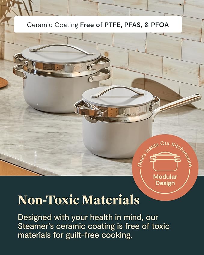 Caraway Small & Large Steamer Set – Made with Handles - Non Stick, Non Toxic Coating - Steam Veggies, Seafood, and More - Compatible With Our Dutch Oven or Sauce Pan – 3qt & 6.5qt - Stainless Steel
