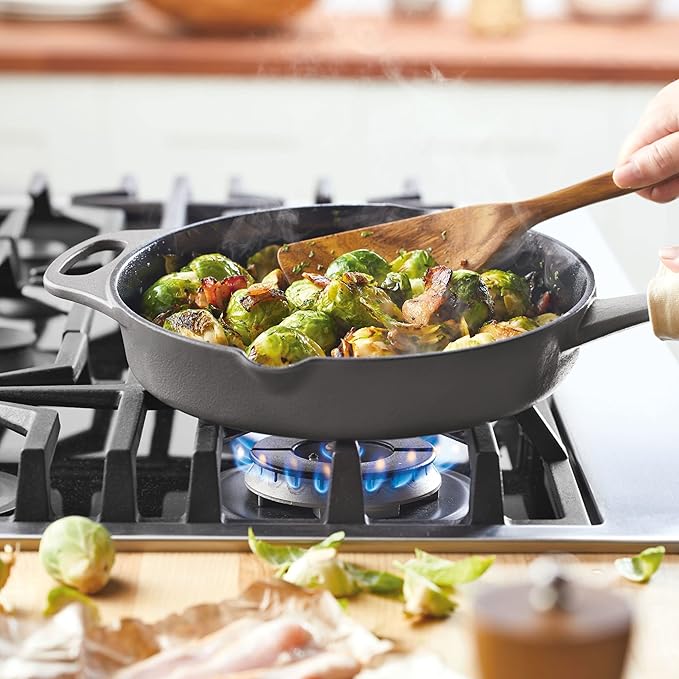 Rachael Ray NITRO Cast Iron Frying Pan/Skillet with Helper Handle and Pour Spouts, 10 Inch, Gray