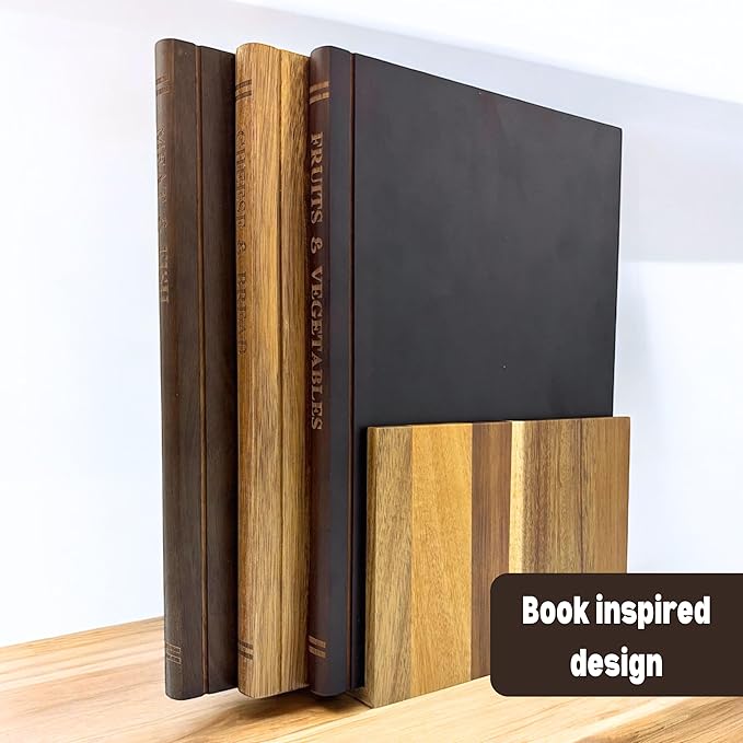 The Cutting Board Library | 100% Acacia Wood | Set of 3 Decorative Kitchen Boards with Wooden Stand | Cheese, Bread & Charcuterie Display | Statement Countertop Accent