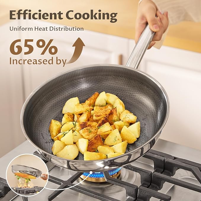 Hybrid Ceramic Frying Pan Set, Tri Ply Stainless Steel Pan (8+9.5+11 Inch), Induction Skillet, Oven Safe, Fast Heating, Ergonomic Handles, Suitable for All Stove, PFOA/PFOS/PTFE Free