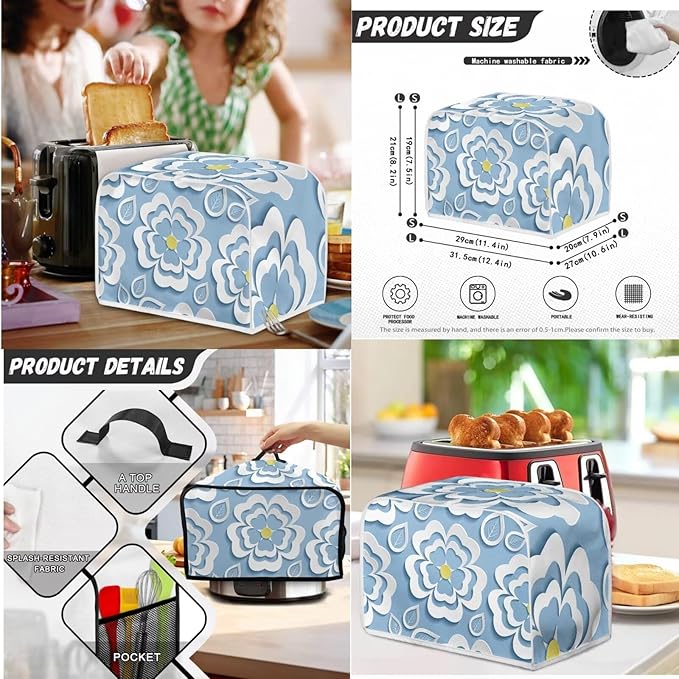 Blue Floral 4 Slice Toaster Cover Set, Bread Toaster, Blender and Slow Cooker Dust and Fingerprint Protection, Machine Washable Kitchen Decor