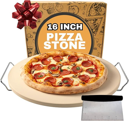 16 inch Baking Stone For Oven - Round Pizza Stone with Handles and Dough Tool - Baking Stone for Bread - Pizza Stones for Oven and Grill - Cooking Gifts for Food Lovers