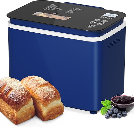 2.2LB Bread Maker, 21-in-1 Programmable Bread Machine with Digital Touch Panel, 3 Loaf Sizes 3 Crust Color, Keep Warm, 15H Timer, Blue Bread Making Kit & Breakfast Maker with Nonstick Pan