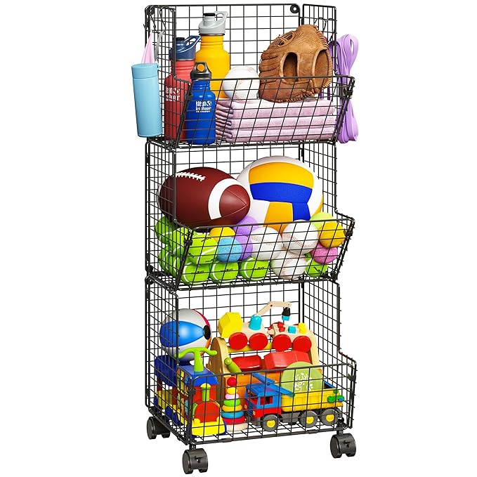 Sonyabecca Outdoor Toy Storage Basket, Play Kitchen Organizer with 5 S-Hooks,3 Tier Rolling Storage Cart Garage, Pantry Floor Snack Cart with Wheels,Toy Shelf Dog Storage Organizer Kids Bookshelf