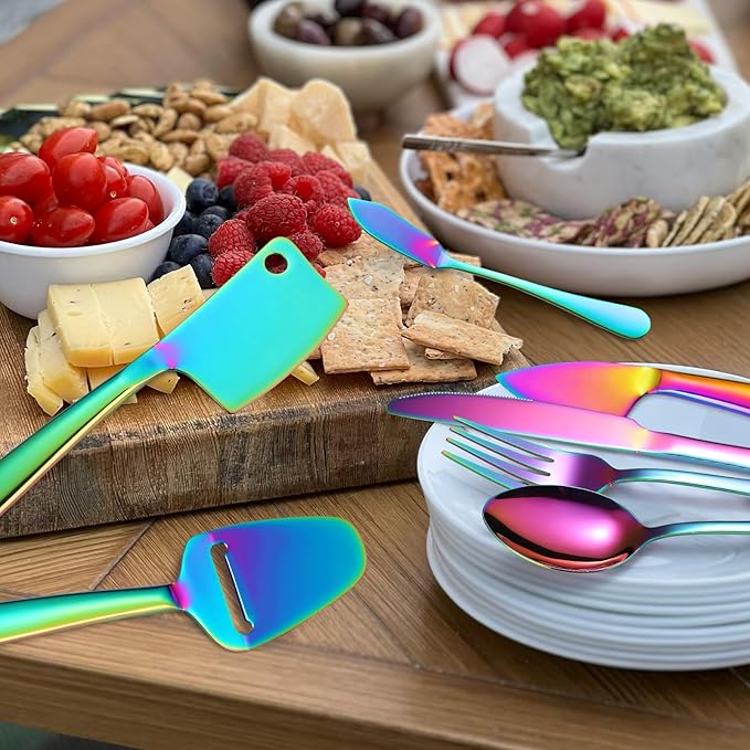 Rainbow Cheese Knives Silverware Set 8 Pieces include Dinning Knife Fork Spoon Stainless Steel Kitchen Gadget Tool Baking Utensils Multifunctional Durable for Daily Use and Parties