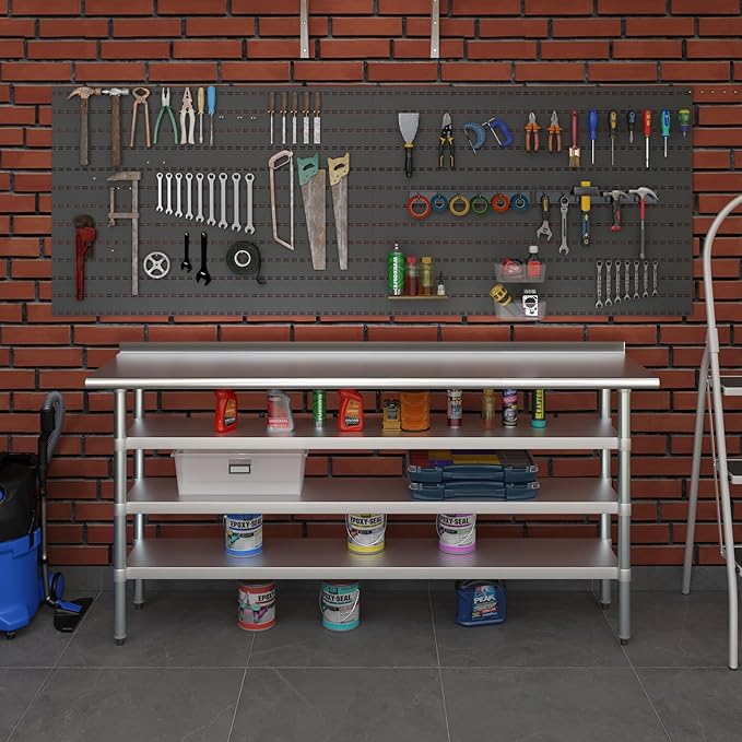 AmGood Stainless Steel Work Table with 1.5" Backsplash and 3 Shelves | Metal Kitchen Food Prep Table | NSF (72" Long x 18" Deep)