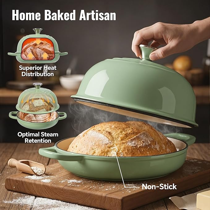 4.5 QT Dutch Oven for Bread Baking, Cast Iron Bread Oven for Sourdough, Enamelled Bread Dutch Oven with Lid, Heavy-Duty Non Stick Bread Pot, Green