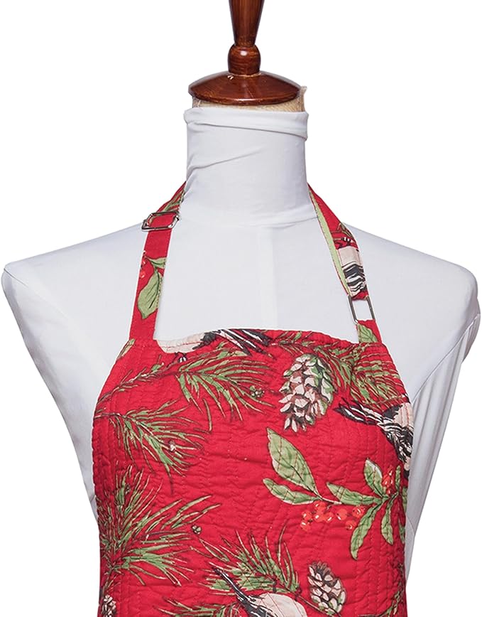 C&F Home Chickadee Red 100% Cotton Quilted Christmas Apron XMAS Festive Winter Holidays Home Kitchen Dining Dinner Cooking Baking Machine Wash Decor Decoration Adult Apron Red